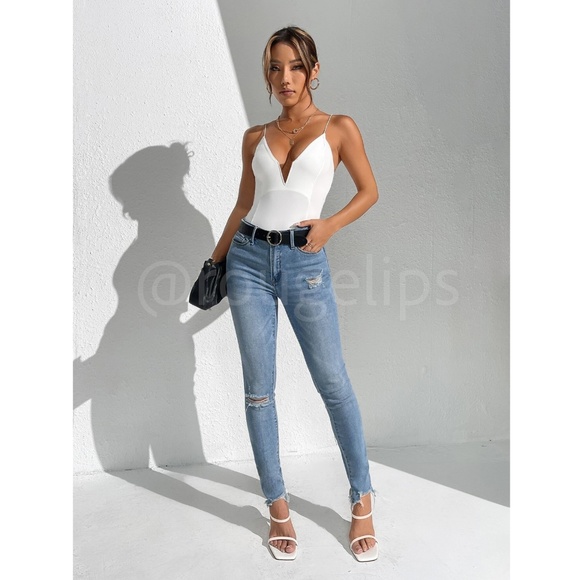 Plunging V Neck White Slim Fit Cami Bodysuit Stretchy - Picture 5 of 11